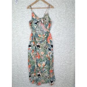 ENA Tropical Floral Toucan Leopard Print Maxi Dress XL Tie Front Cutout Smock